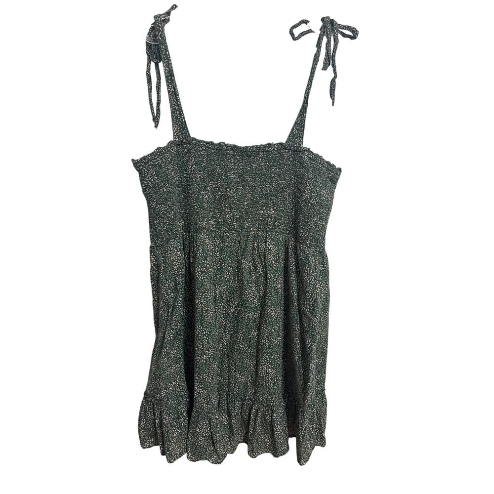 Aerie Green Floral Smocked Mini Dress Shoulder Ties Ruffled Hem Size XL - Picture 6 of 11
